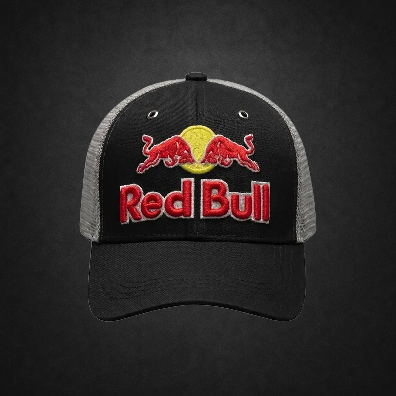 Red Bull Black and grey Racing Trucker Hat – Embroidered Mesh Cap