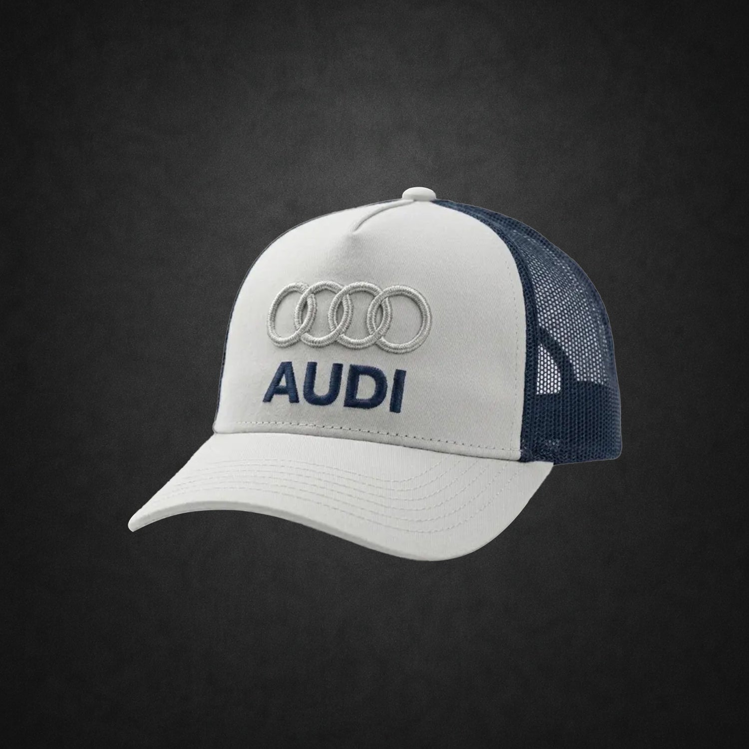 Audi Racing Trucker Hat – Retro Car Emblem Grey Navy Mesh Snapback Baseball Cap