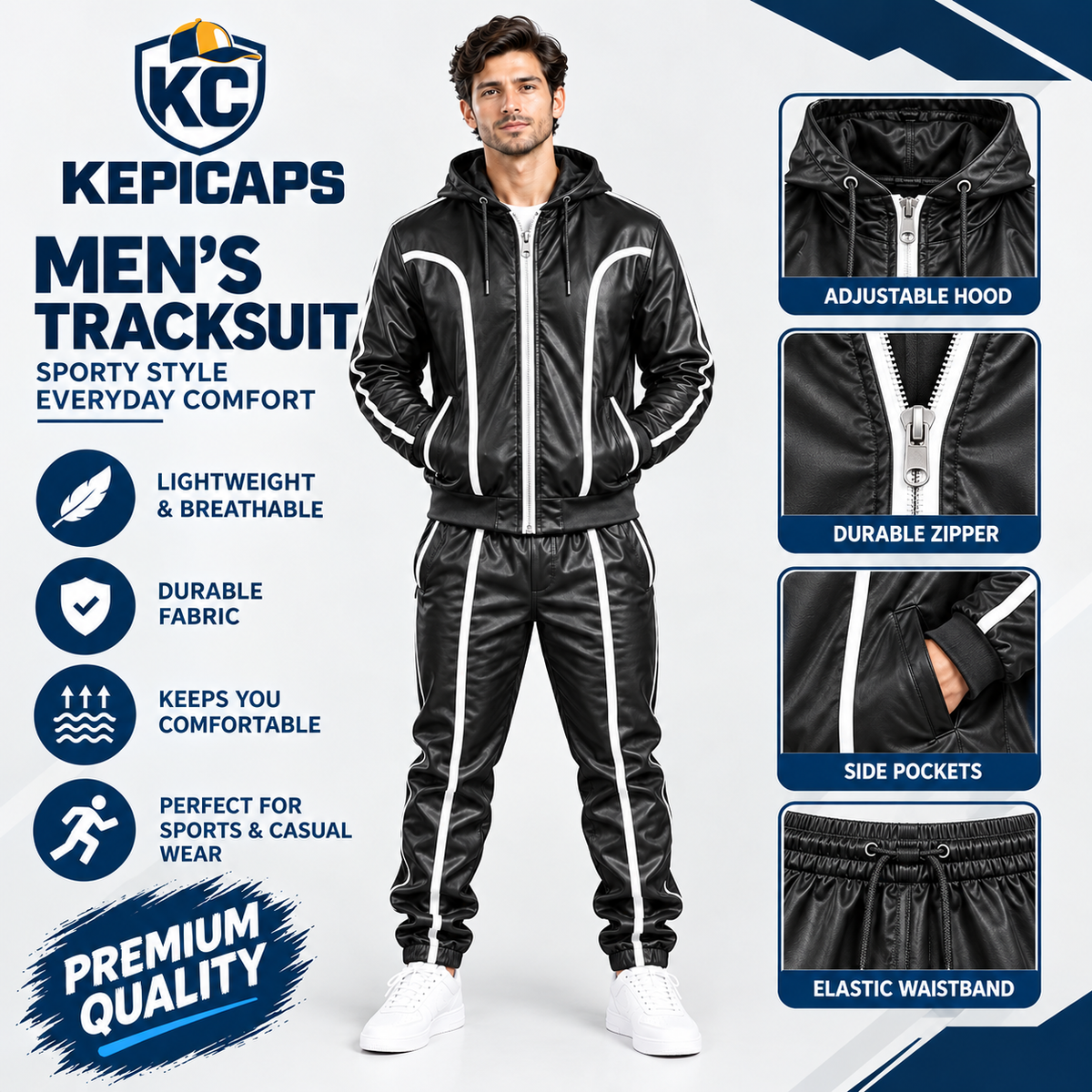 Black Genuine Cowhide Leather Tracksuit – Hooded Jacket & Jogger Set