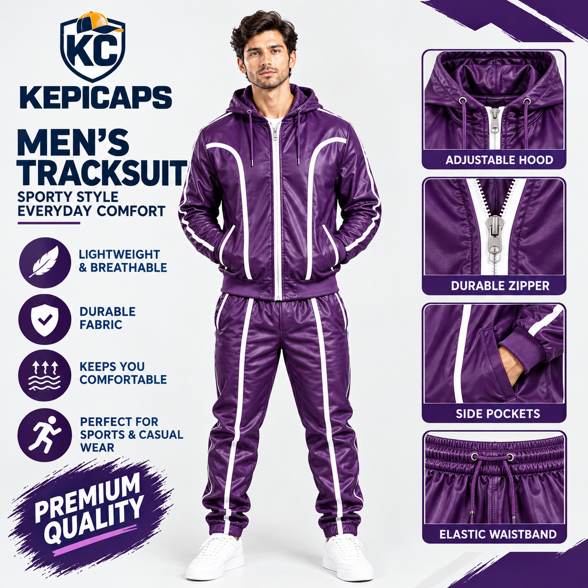 Cowhide Leather Tracksuit – Hooded Jacket & Jogger Set [Purple/White]