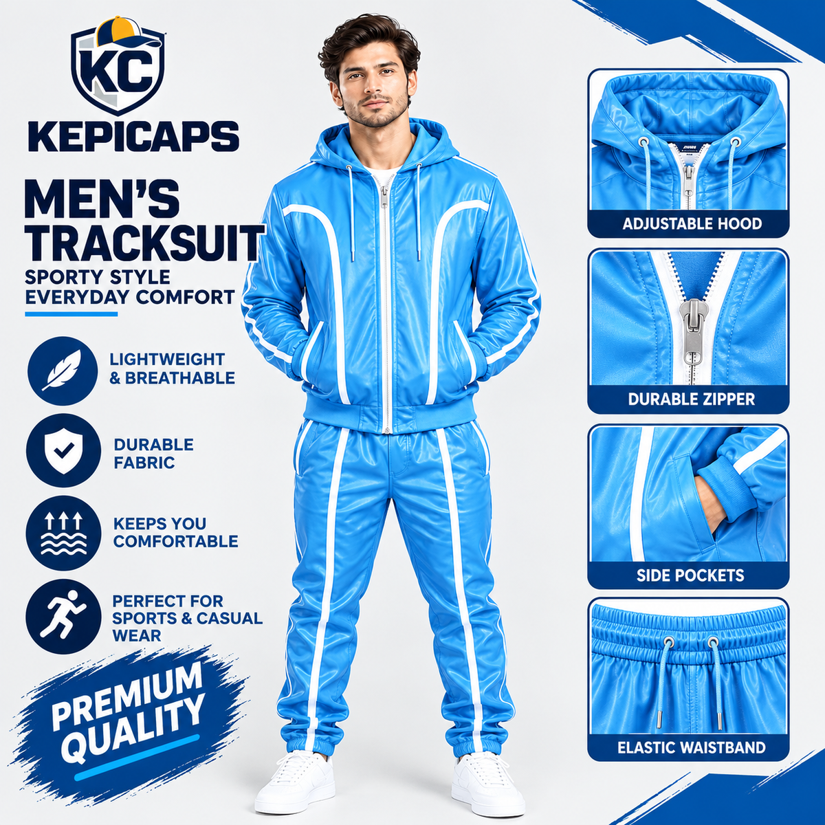 Cowhide Leather Tracksuit – Hooded Jacket & Jogger Set [Skyblue/White]