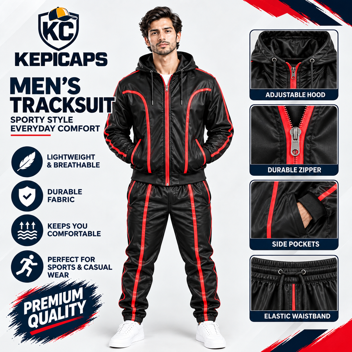 Men's Brayden Leather Track Suit Sweatsuit – Hooded [Black/Red]