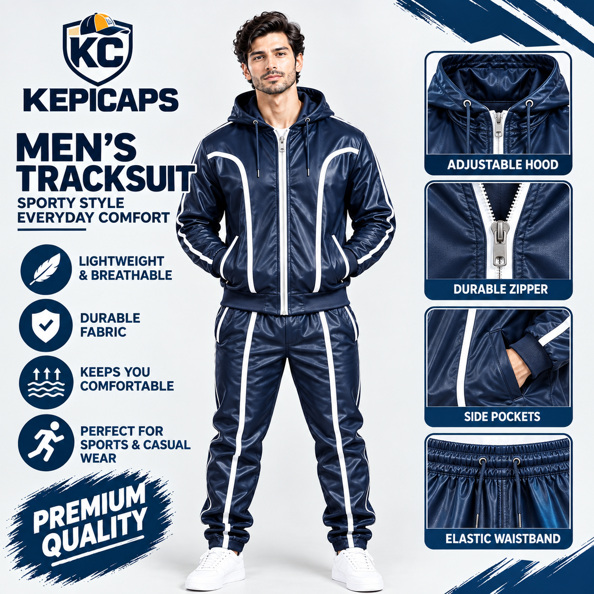 Cowhide Leather Tracksuit – Hooded Jacket & Jogger Set [Navy/White]
