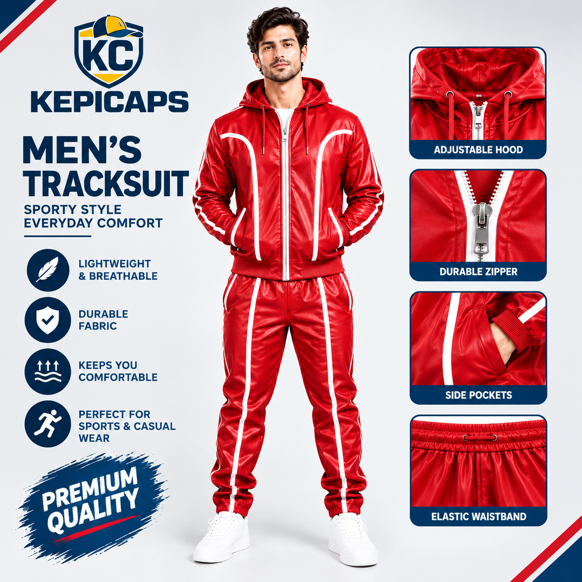 Cowhide Leather Tracksuit – Hooded Jacket & Jogger Set [Red/White]