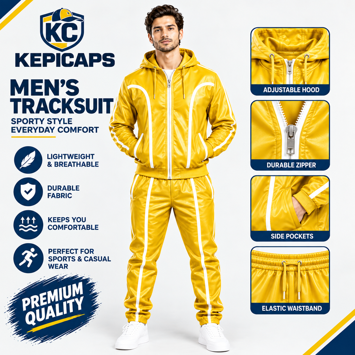Cowhide Leather Tracksuit – Hooded Jacket & Jogger Set [Yellow/White]