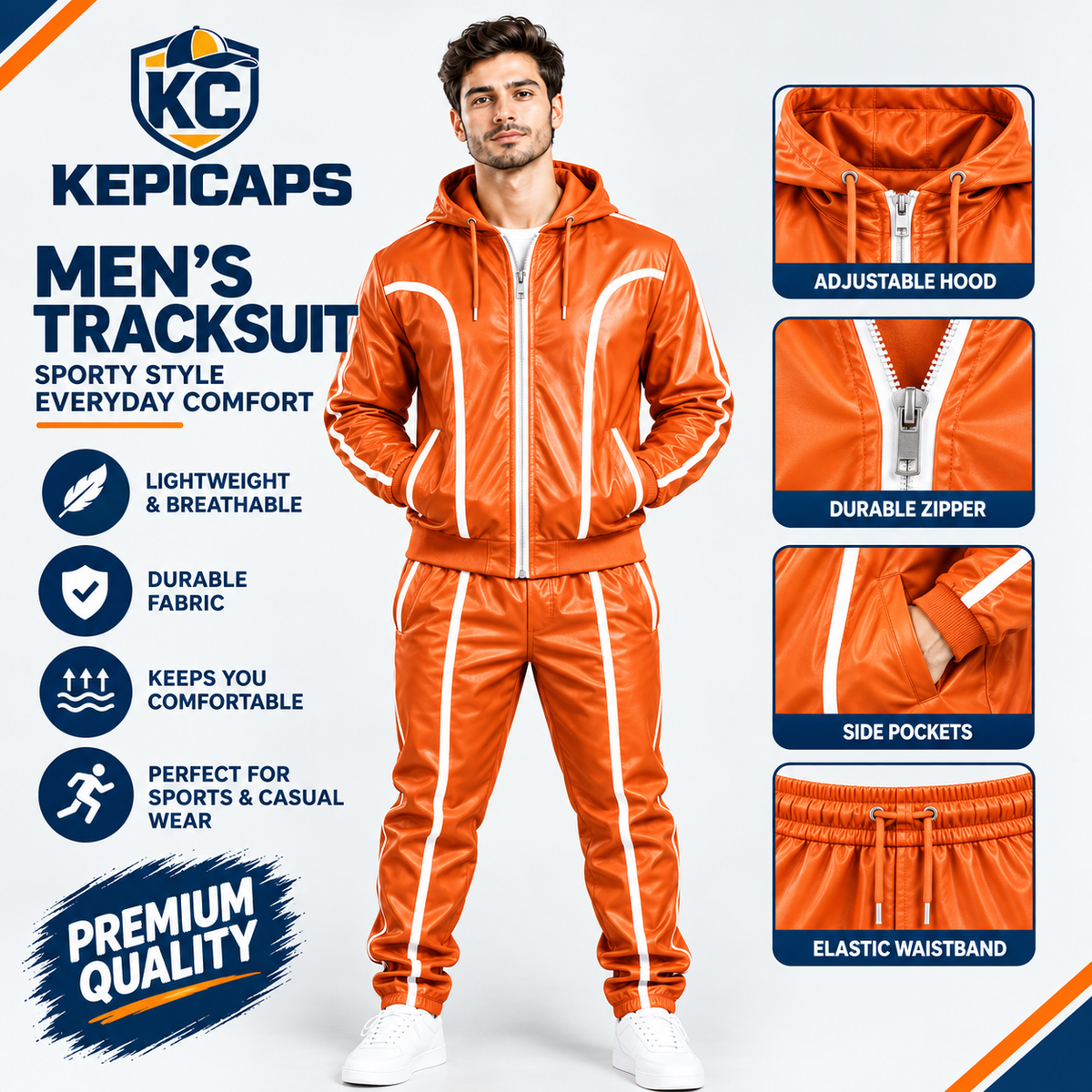 Cowhide Leather Tracksuit – Hooded Jacket & Jogger Set [Orange/White]