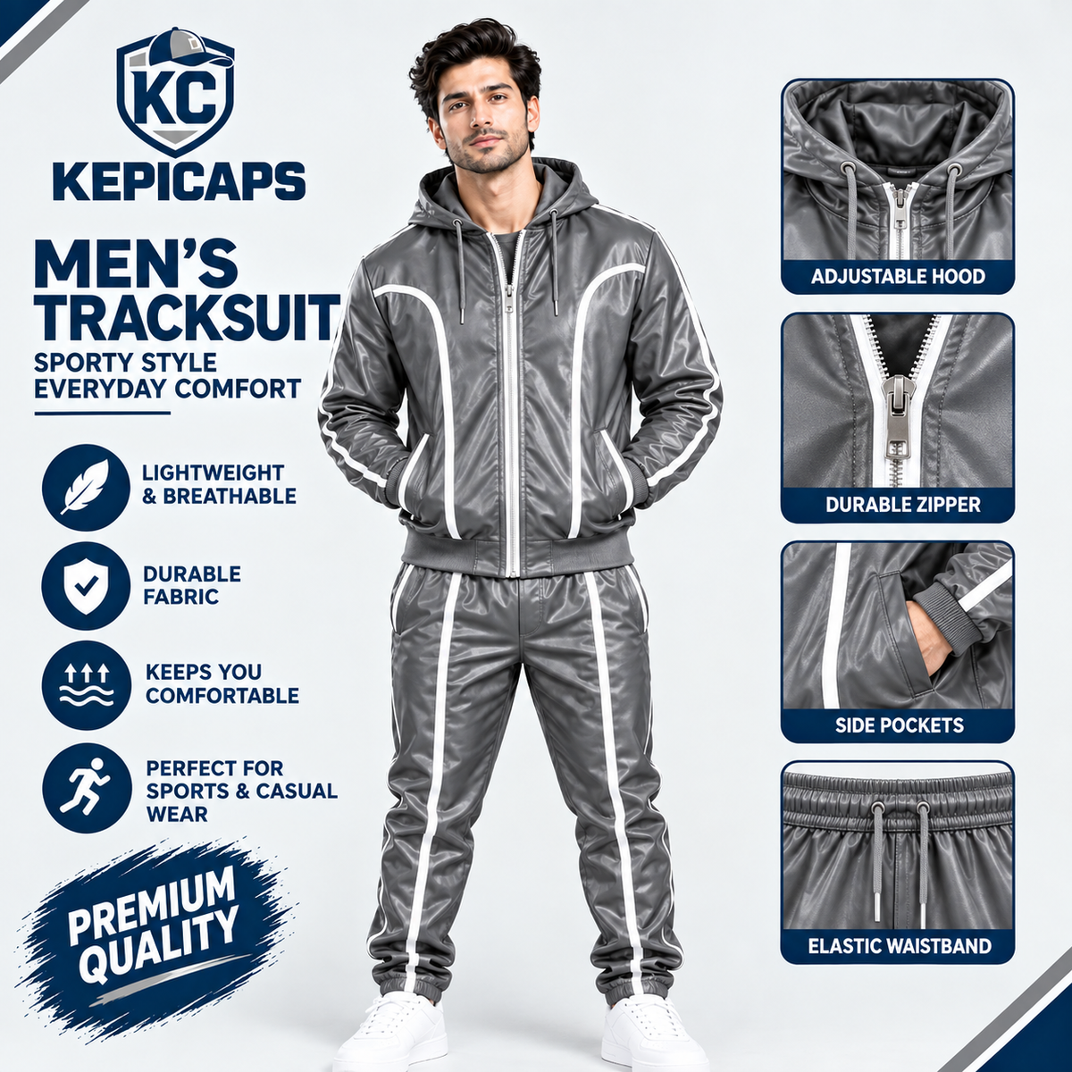 Cowhide Leather Tracksuit – Hooded Jacket & Jogger Set [Grey/White]