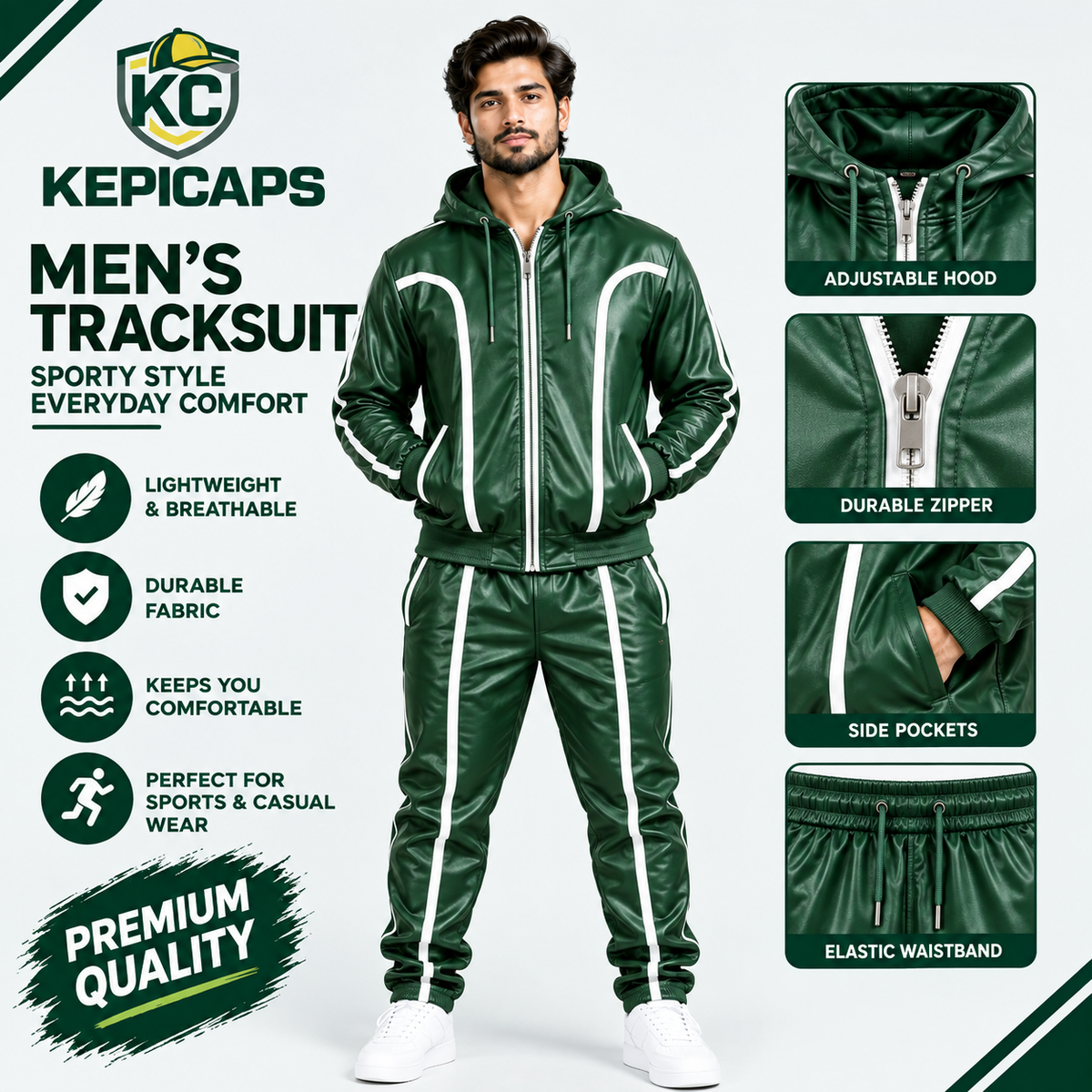 Cowhide Leather Tracksuit – Hooded Jacket & Jogger Set [Green/White]