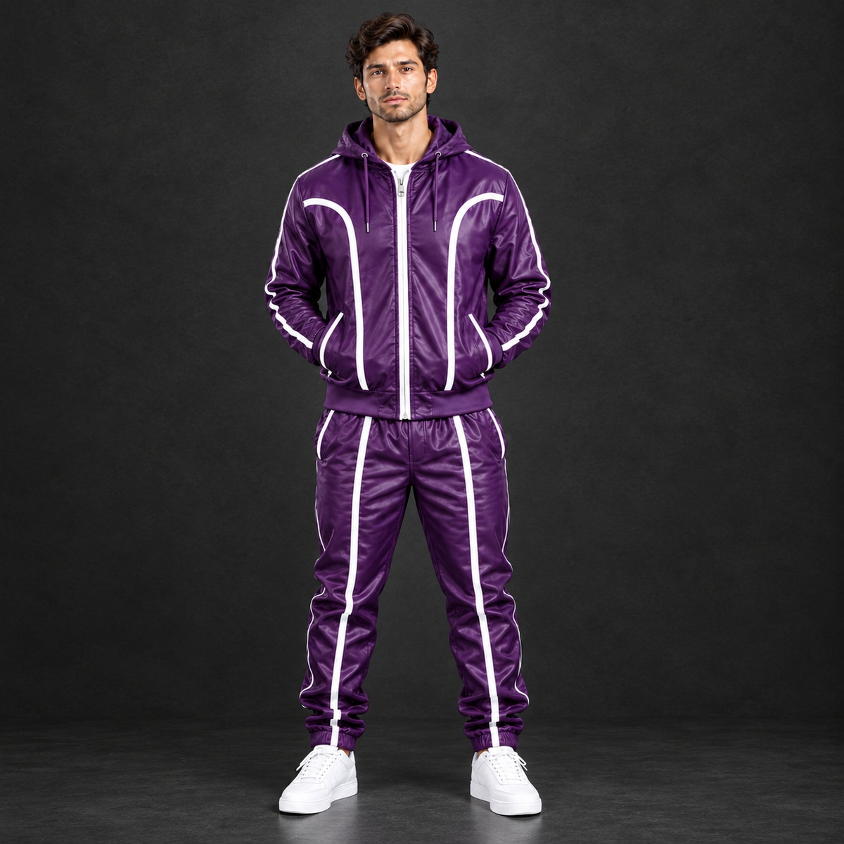 Cowhide Leather Tracksuit – Hooded Jacket & Jogger Set [Purple/White]