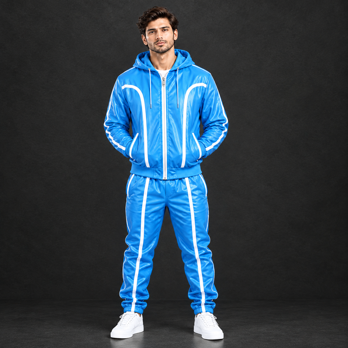 Cowhide Leather Tracksuit – Hooded Jacket & Jogger Set [Skyblue/White]