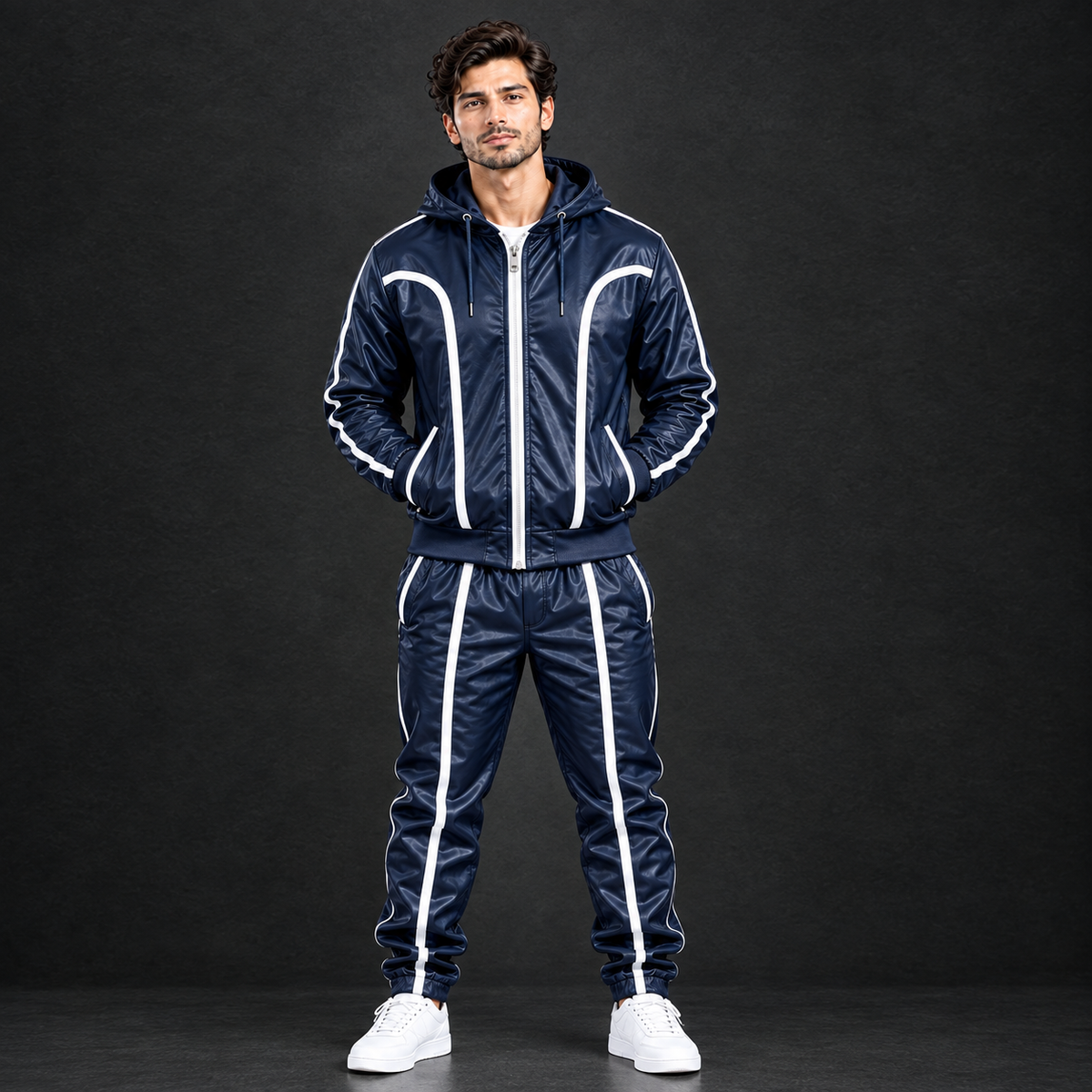 Cowhide Leather Tracksuit – Hooded Jacket & Jogger Set [Navy/White]