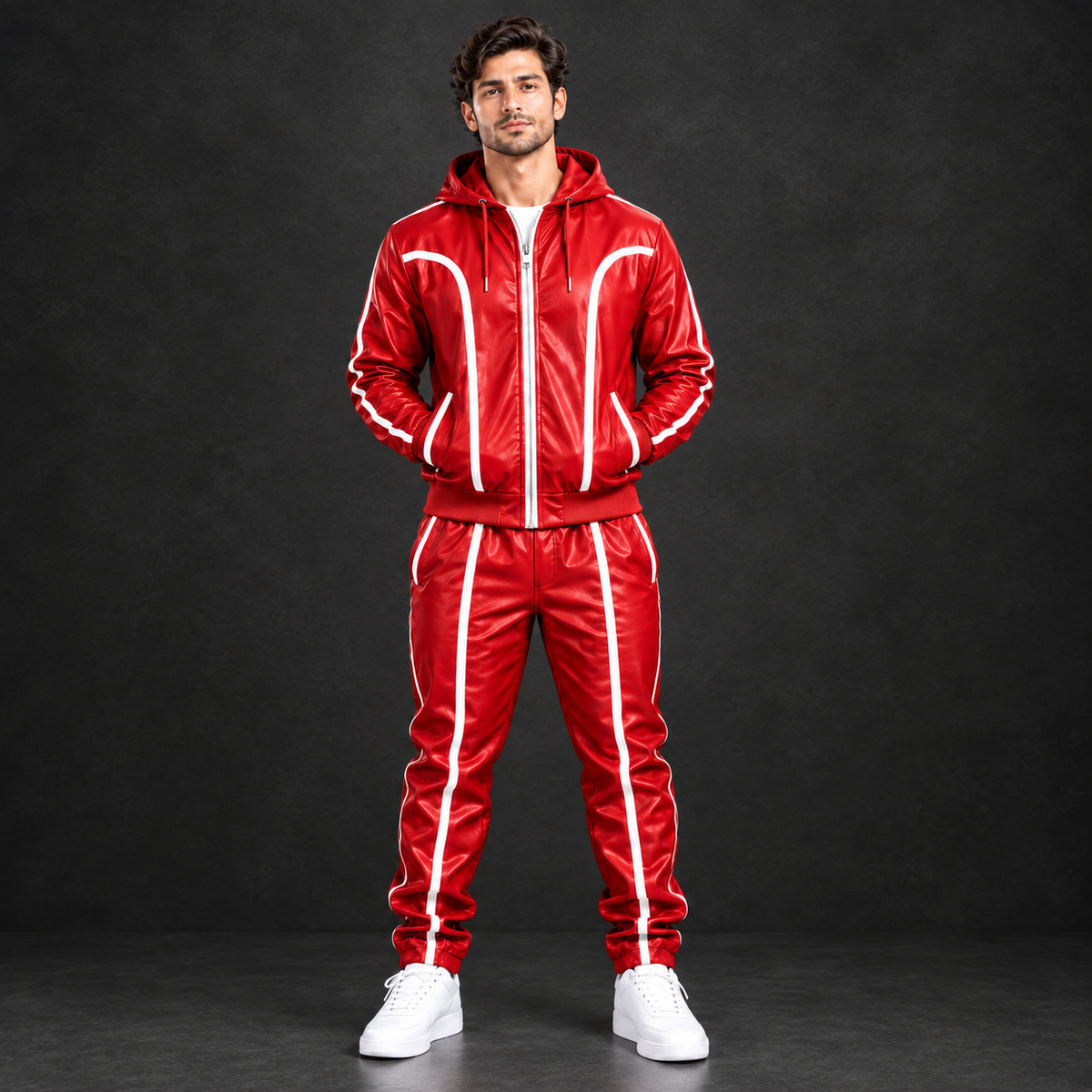 Cowhide Leather Tracksuit – Hooded Jacket & Jogger Set [Red/White]