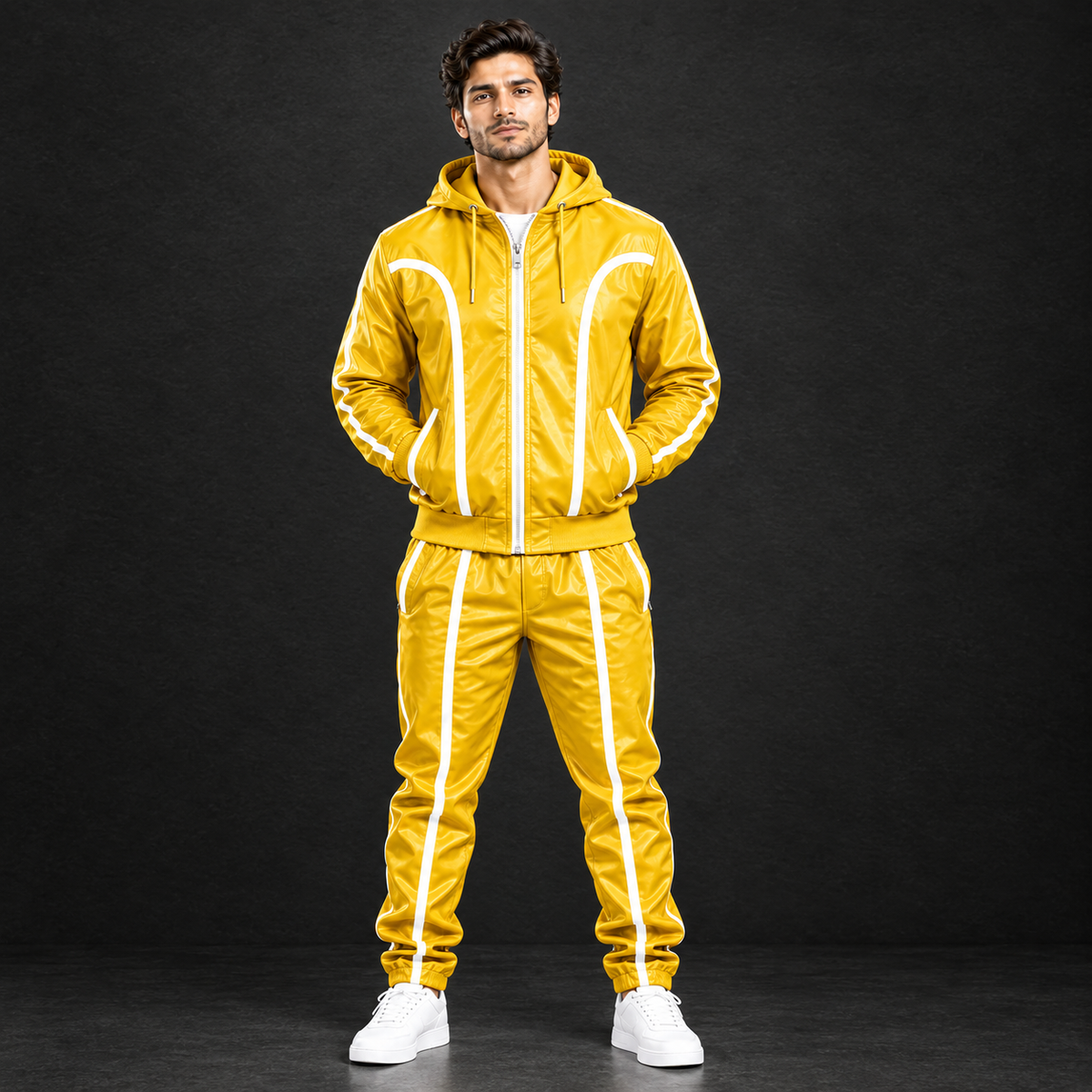 Cowhide Leather Tracksuit – Hooded Jacket & Jogger Set [Yellow/White]