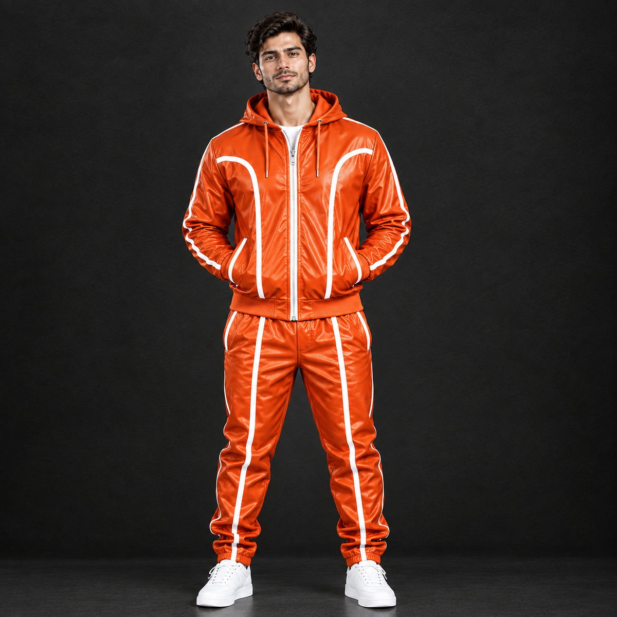 Cowhide Leather Tracksuit – Hooded Jacket & Jogger Set [Orange/White]
