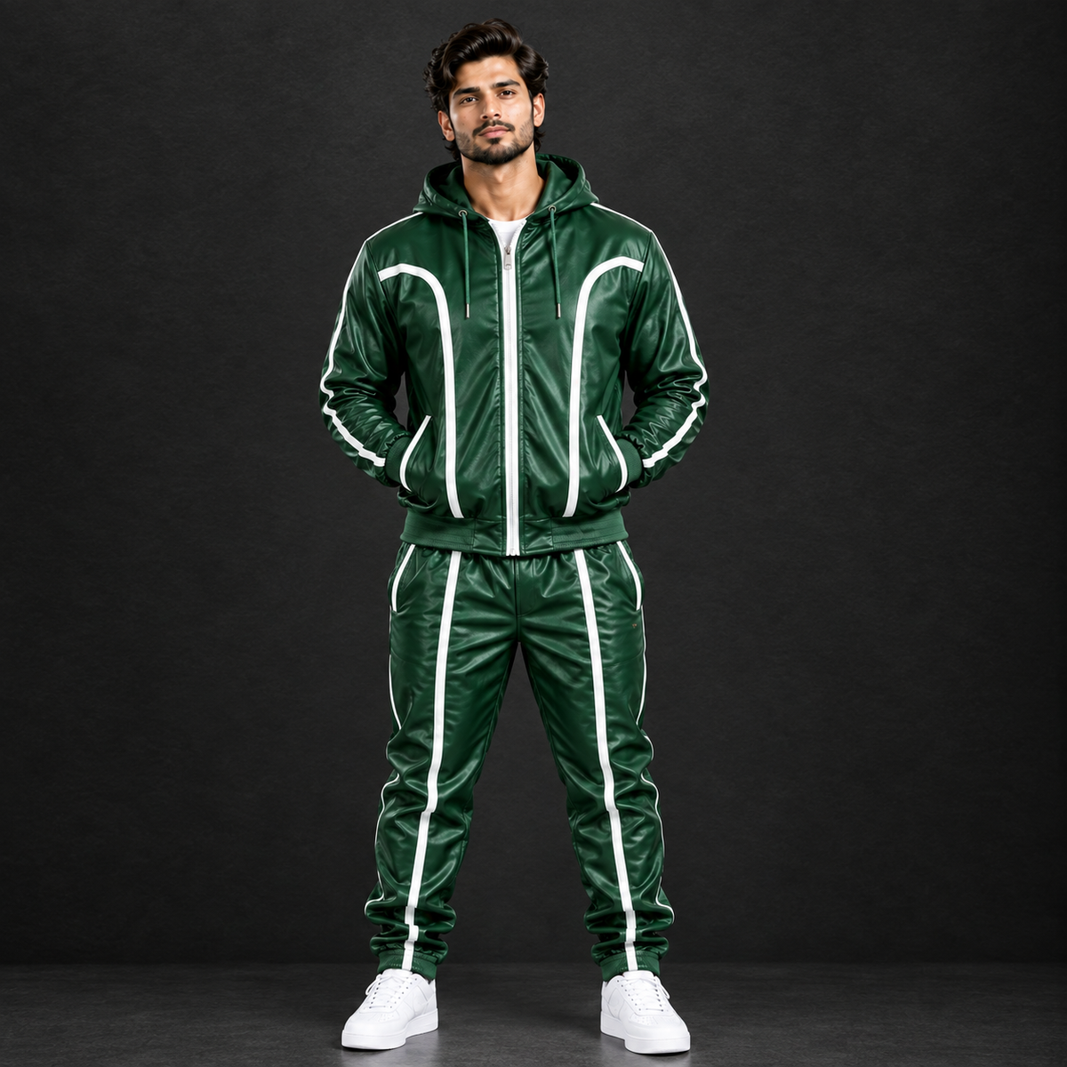 Cowhide Leather Tracksuit – Hooded Jacket & Jogger Set [Green/White]
