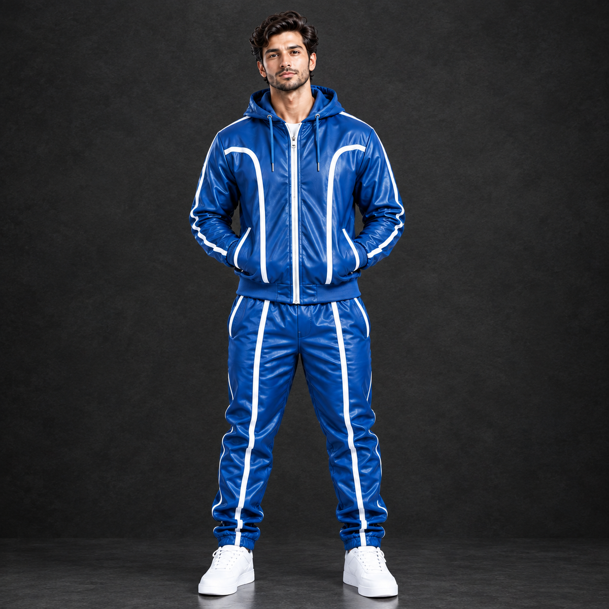 Cowhide Leather Tracksuit – Hooded Jacket & Jogger Set [Blue/White]
