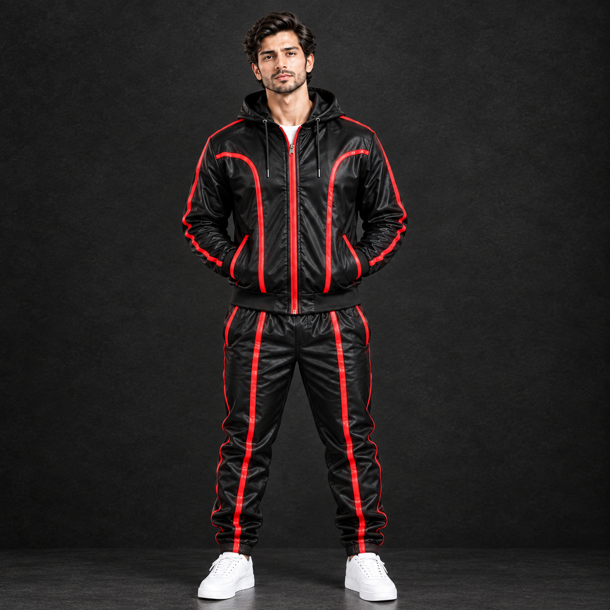 Men's Brayden Leather Track Suit Sweatsuit – Hooded [Black/Red]