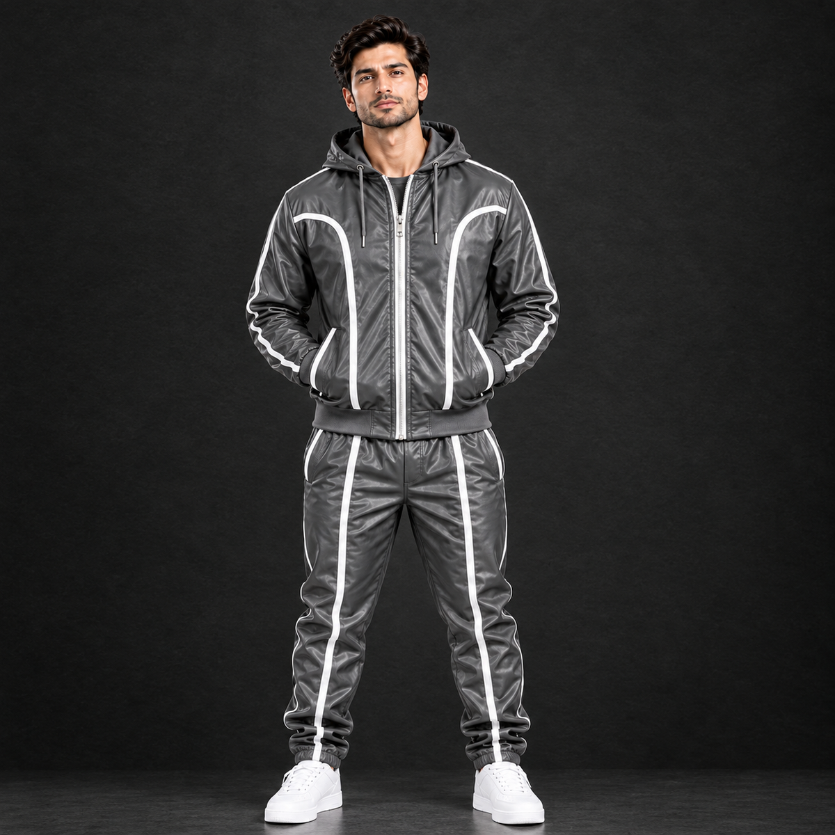 Cowhide Leather Tracksuit – Hooded Jacket & Jogger Set [Grey/White]