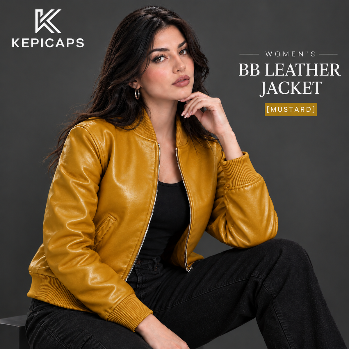 Women's Leather Classic Bomber Jacket [Mustard]