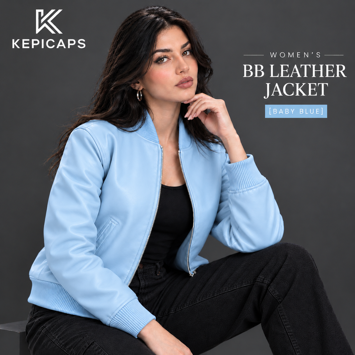 Women's Leather Classic Bomber Jacket [Baby Blue]