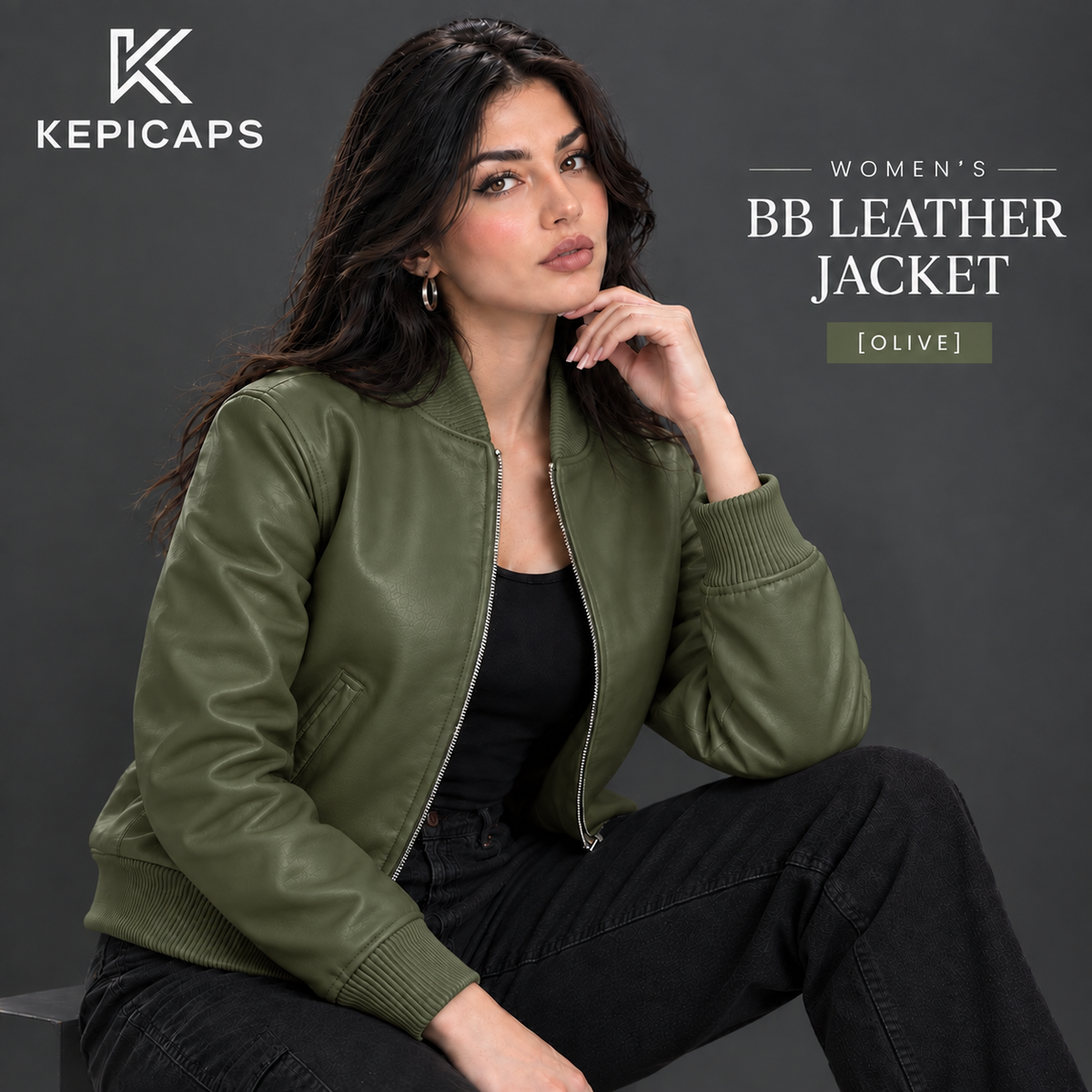 Women's Leather Classic Bomber Jacket [Olive]