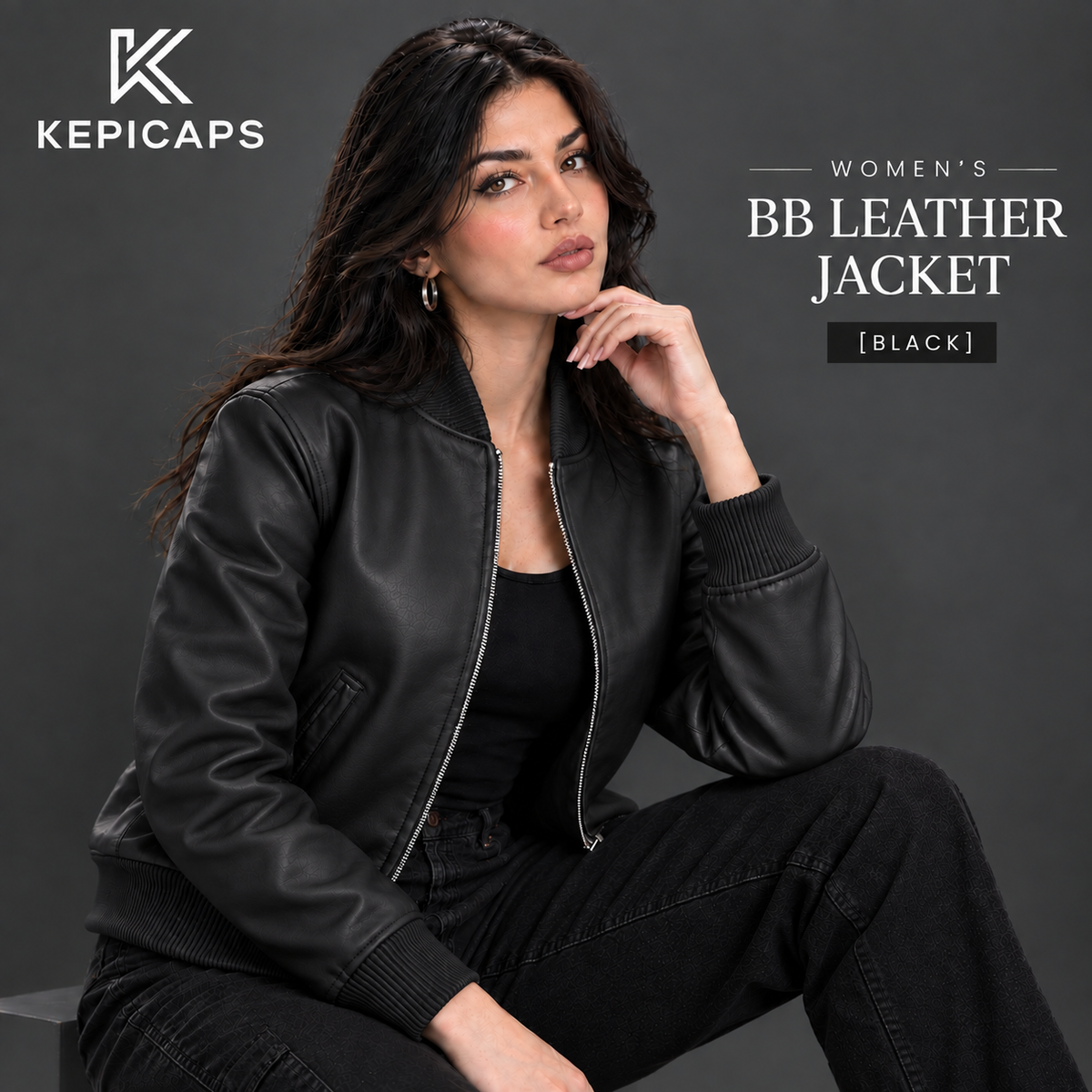 Women's Leather Classic Bomber Jacket [Black]