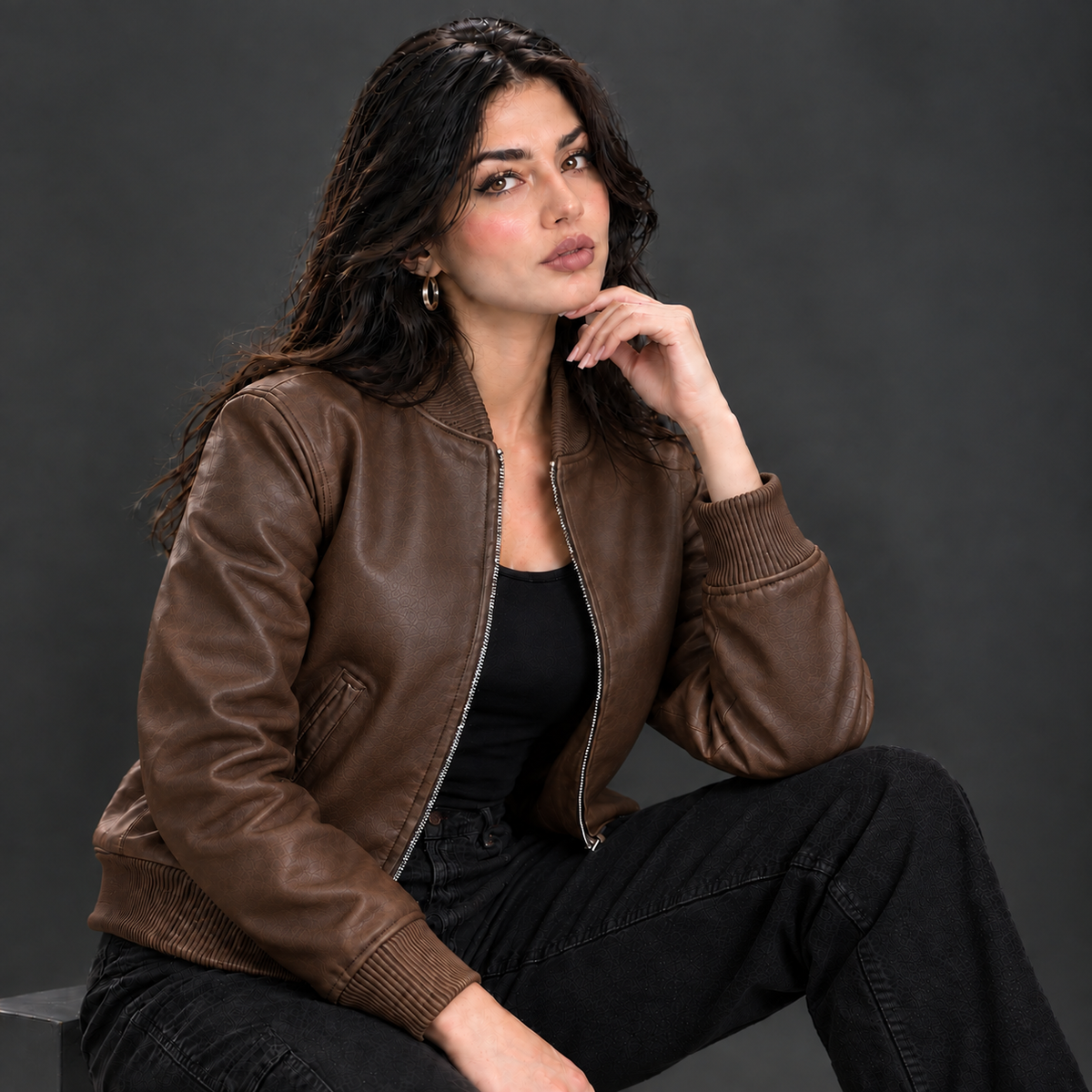Women's Leather Classic Bomber Jacket [Antique Brown]