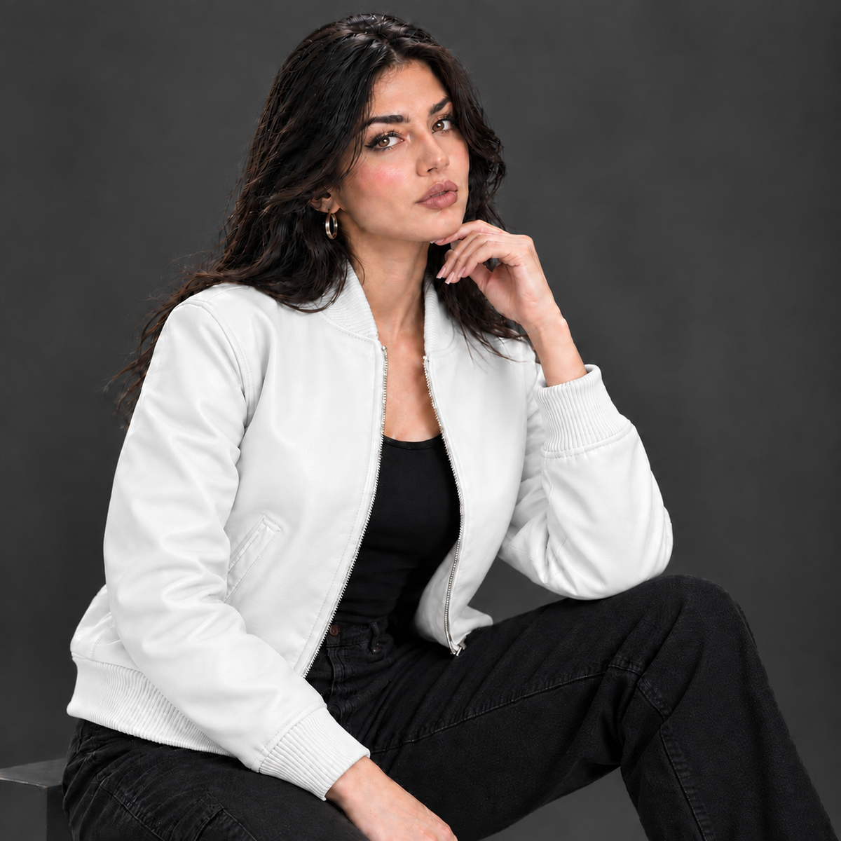 Women's Leather Classic Bomber Jacket [White]