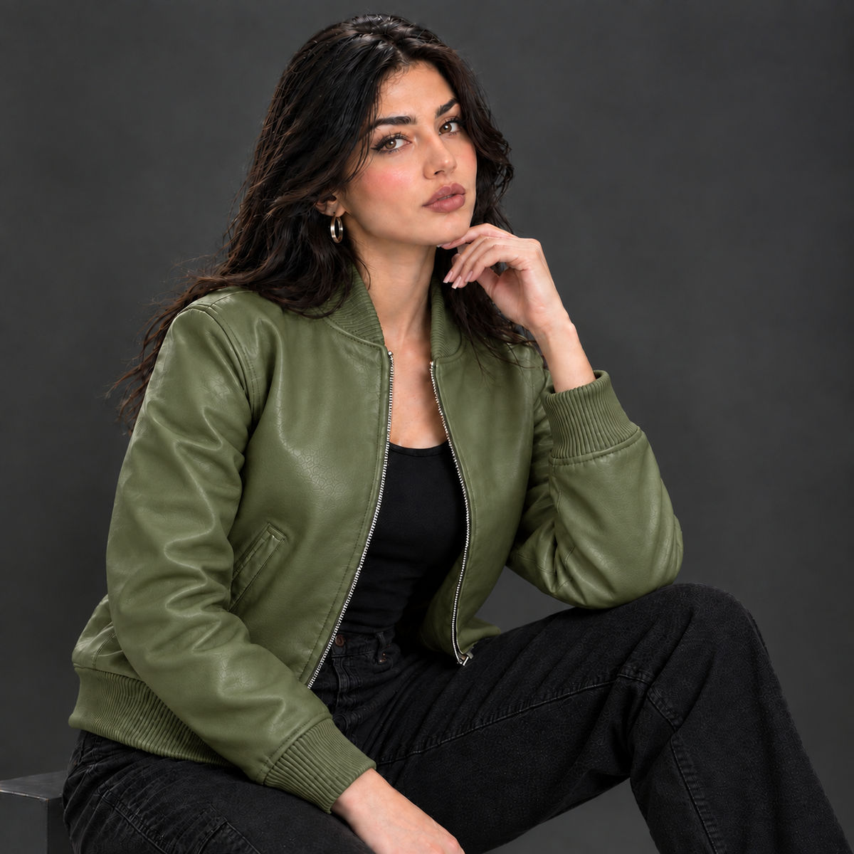 Women's Leather Classic Bomber Jacket [Olive]
