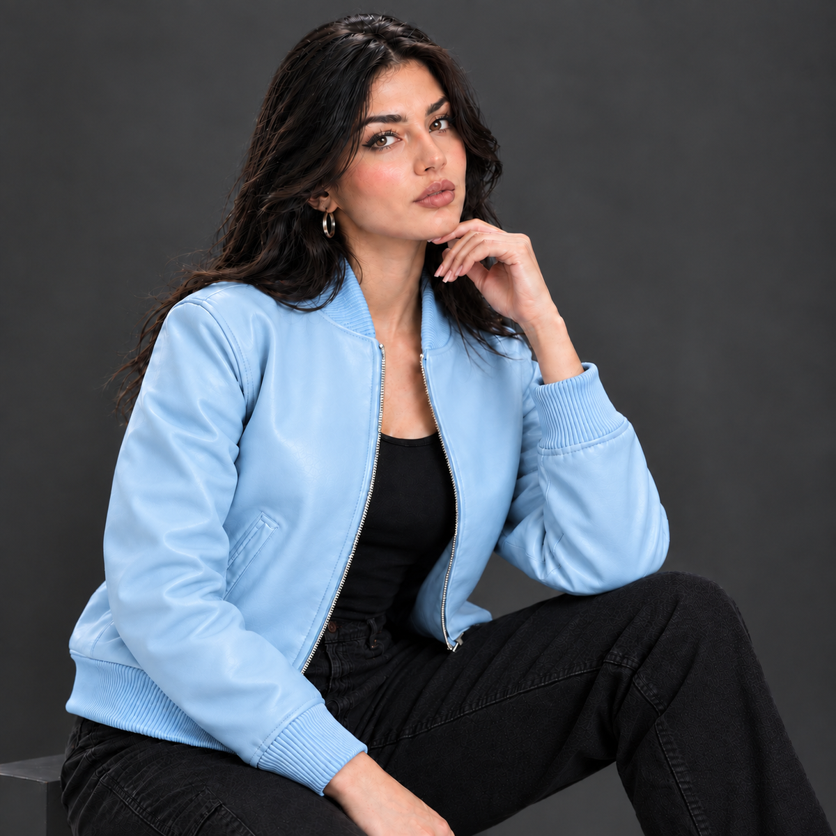 Women's Leather Classic Bomber Jacket [Baby Blue]