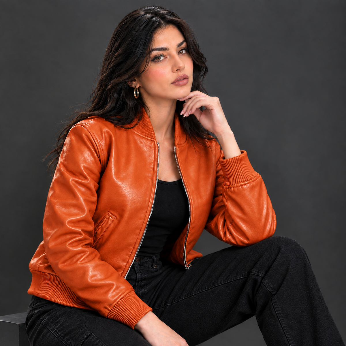 Women's Leather Classic Bomber Jacket [Orange]