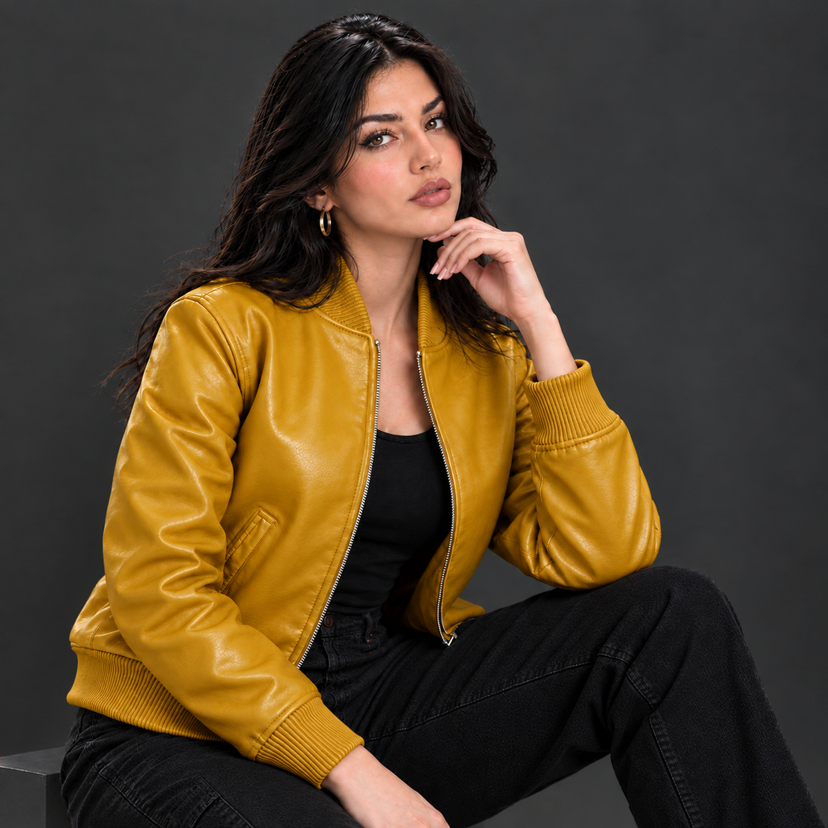 Women's Leather Classic Bomber Jacket [Mustard]