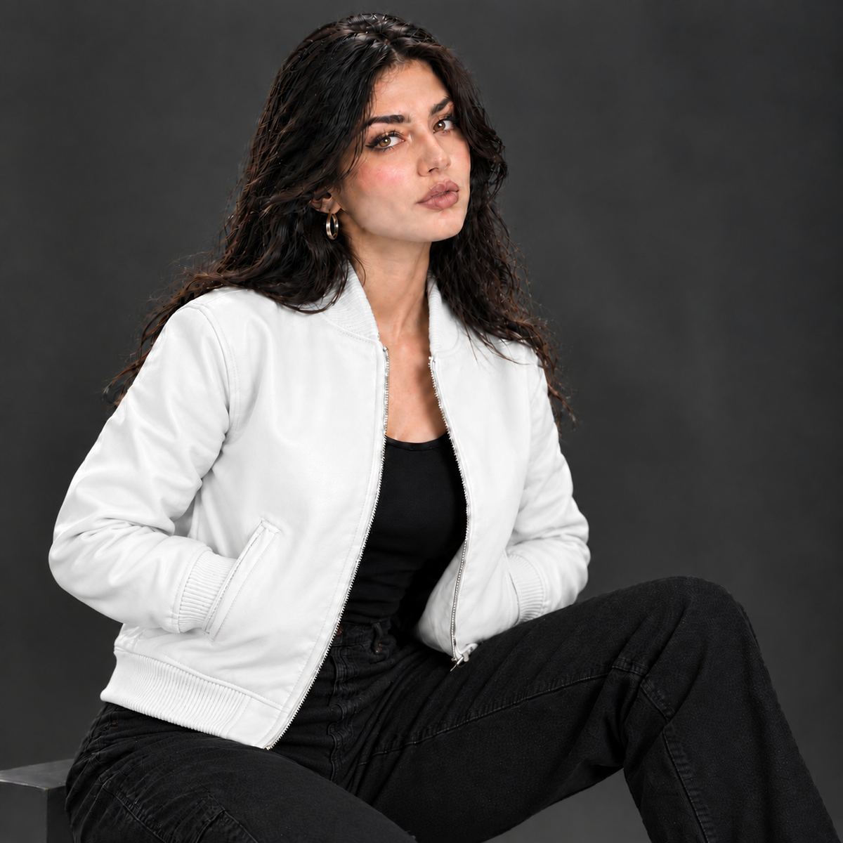 Women's Leather Classic Bomber Jacket [White]