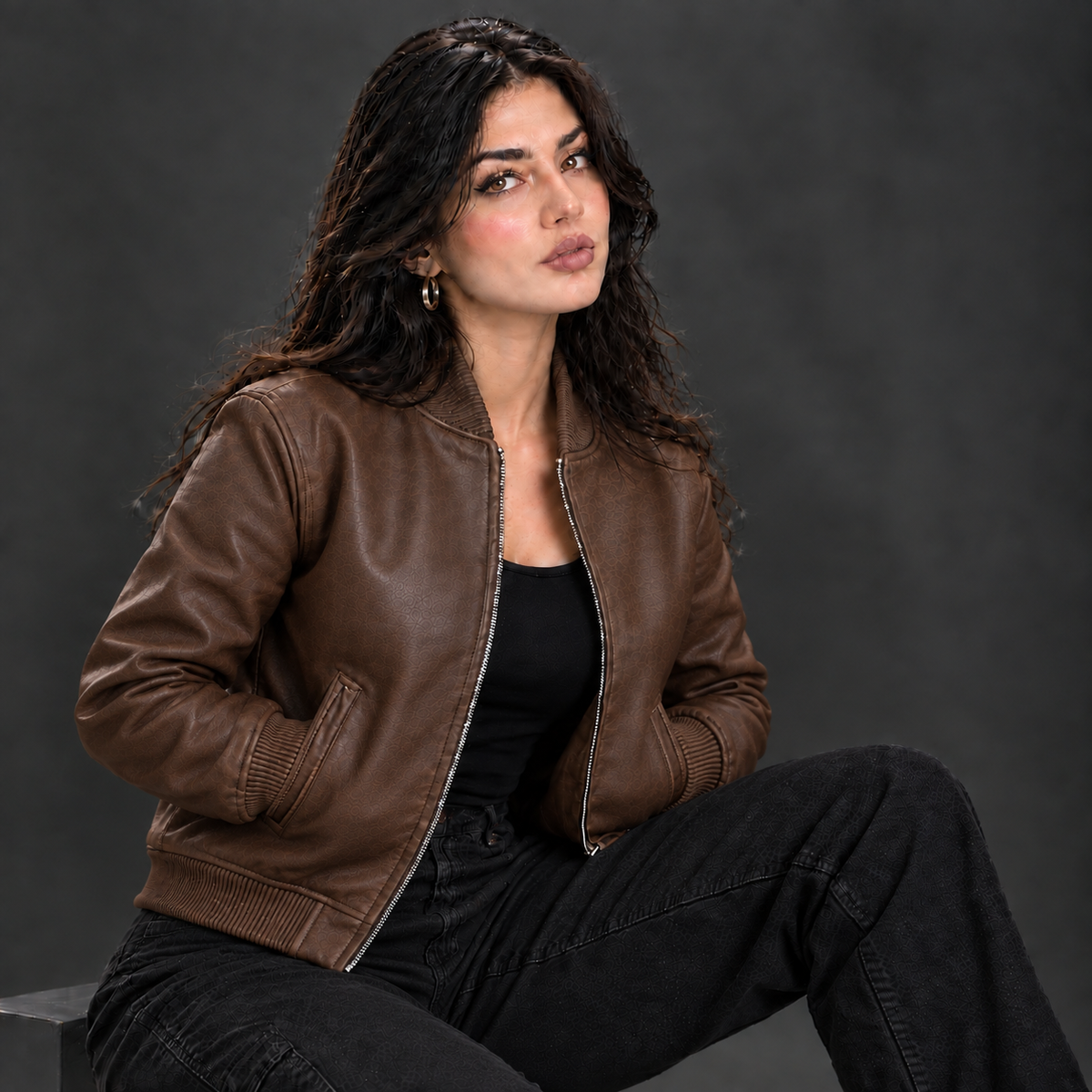 Women's Leather Classic Bomber Jacket [Antique Brown]