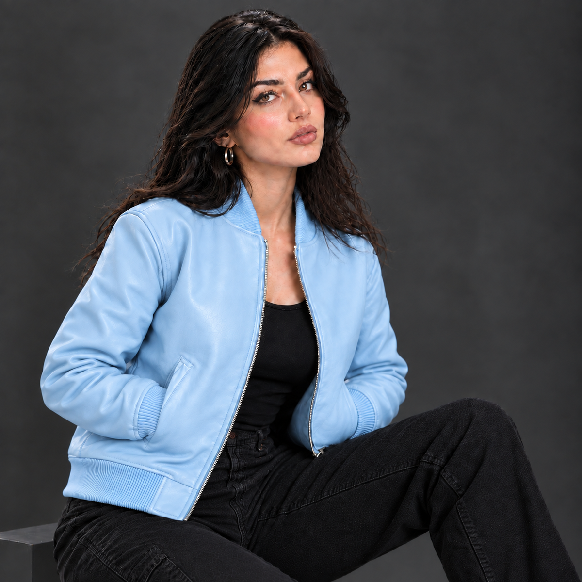 Women's Leather Classic Bomber Jacket [Baby Blue]