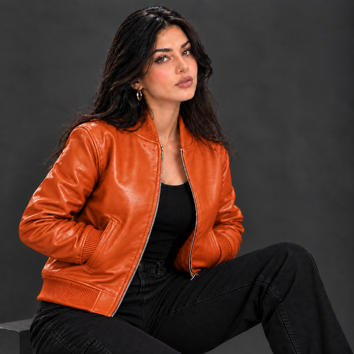 Women's Leather Classic Bomber Jacket [Orange]