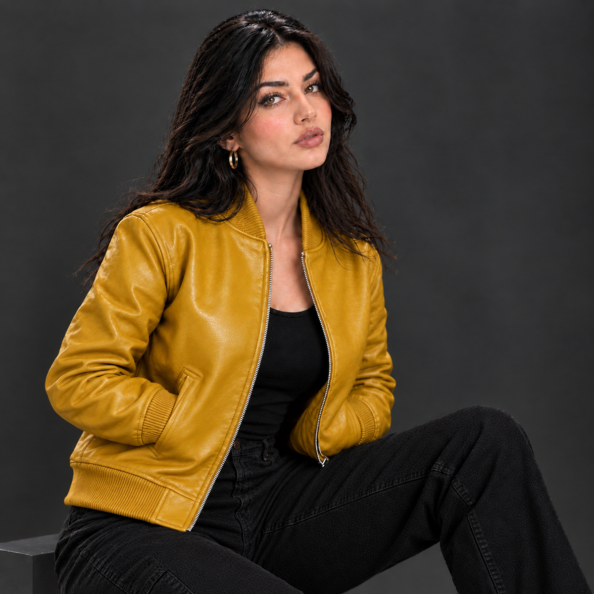 Women's Leather Classic Bomber Jacket [Mustard]
