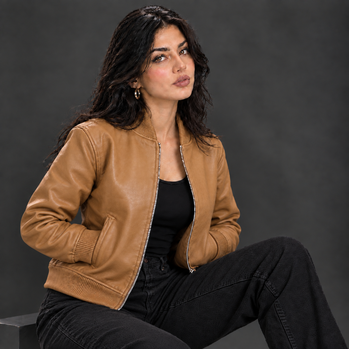 Women's Leather Classic Bomber Jacket [Crunch]
