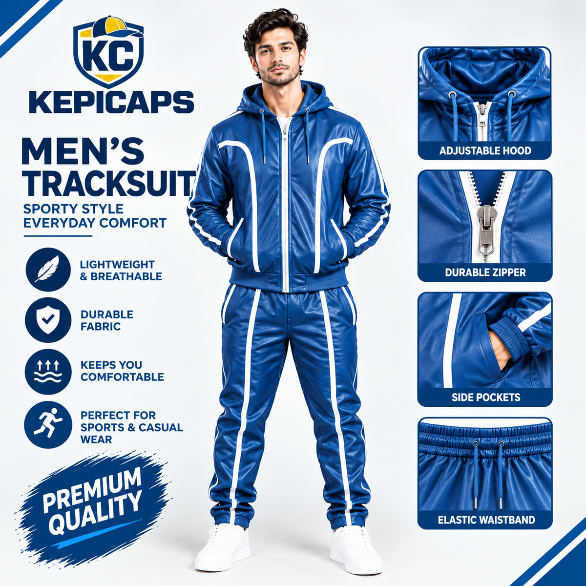 Cowhide Leather Tracksuit – Hooded Jacket & Jogger Set [Blue/White]