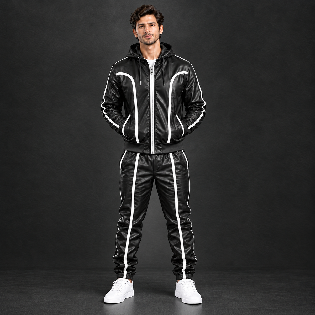 Black Genuine Cowhide Leather Tracksuit – Hooded Jacket & Jogger Set