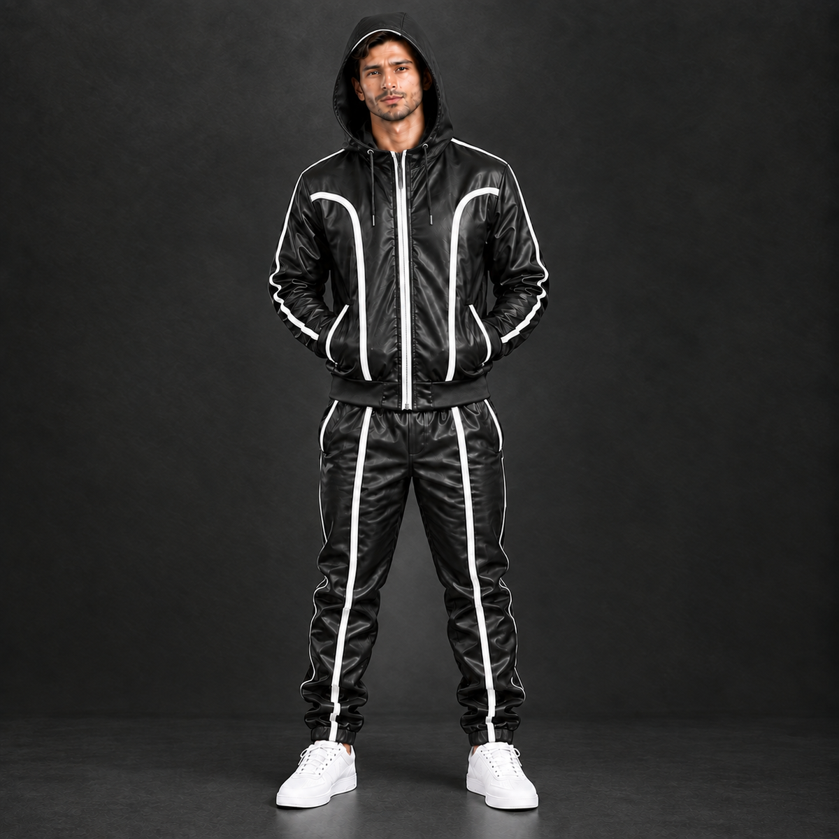 Black Genuine Cowhide Leather Tracksuit – Hooded Jacket & Jogger Set