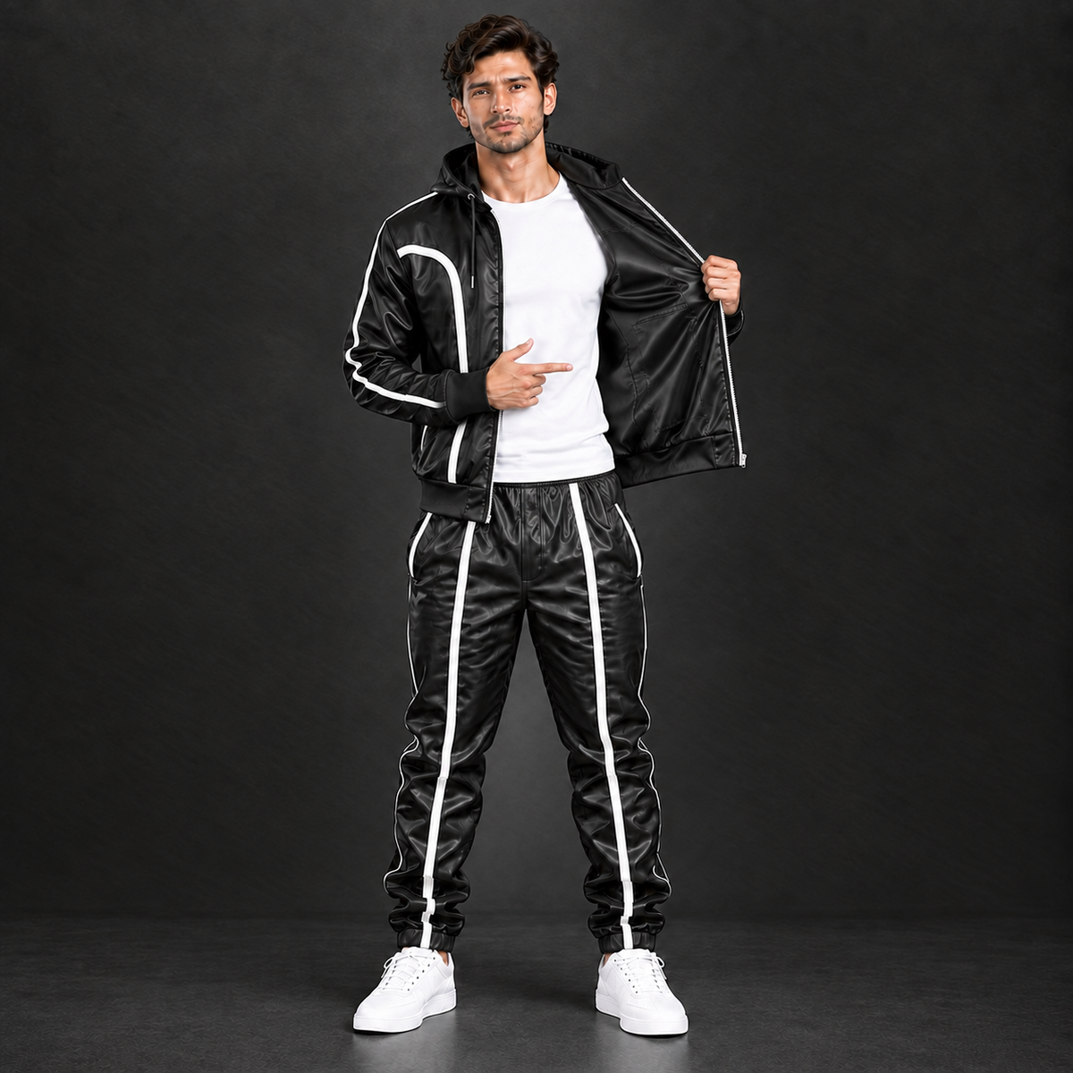 Black Genuine Cowhide Leather Tracksuit – Hooded Jacket & Jogger Set