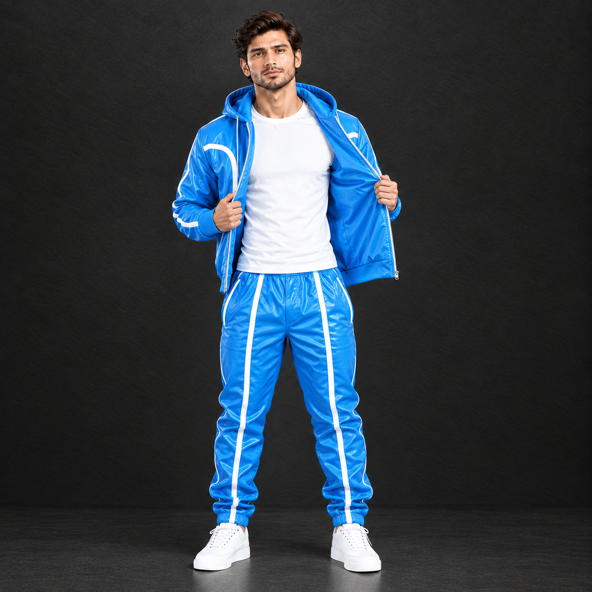Cowhide Leather Tracksuit – Hooded Jacket & Jogger Set [Skyblue/White]