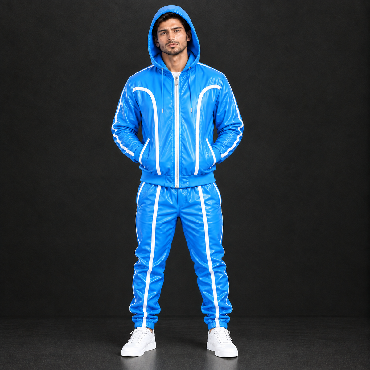 Cowhide Leather Tracksuit – Hooded Jacket & Jogger Set [Skyblue/White]