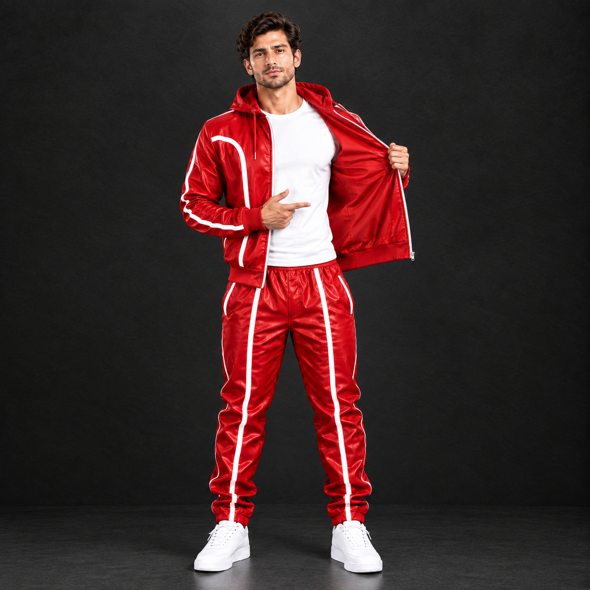 Cowhide Leather Tracksuit – Hooded Jacket & Jogger Set [Red/White]
