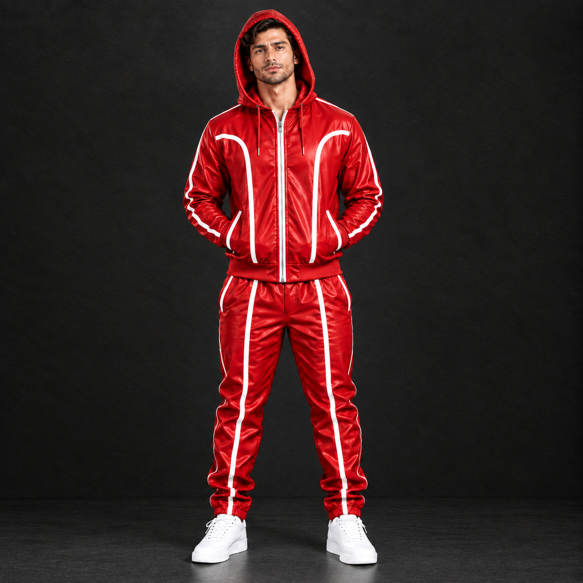 Cowhide Leather Tracksuit – Hooded Jacket & Jogger Set [Red/White]