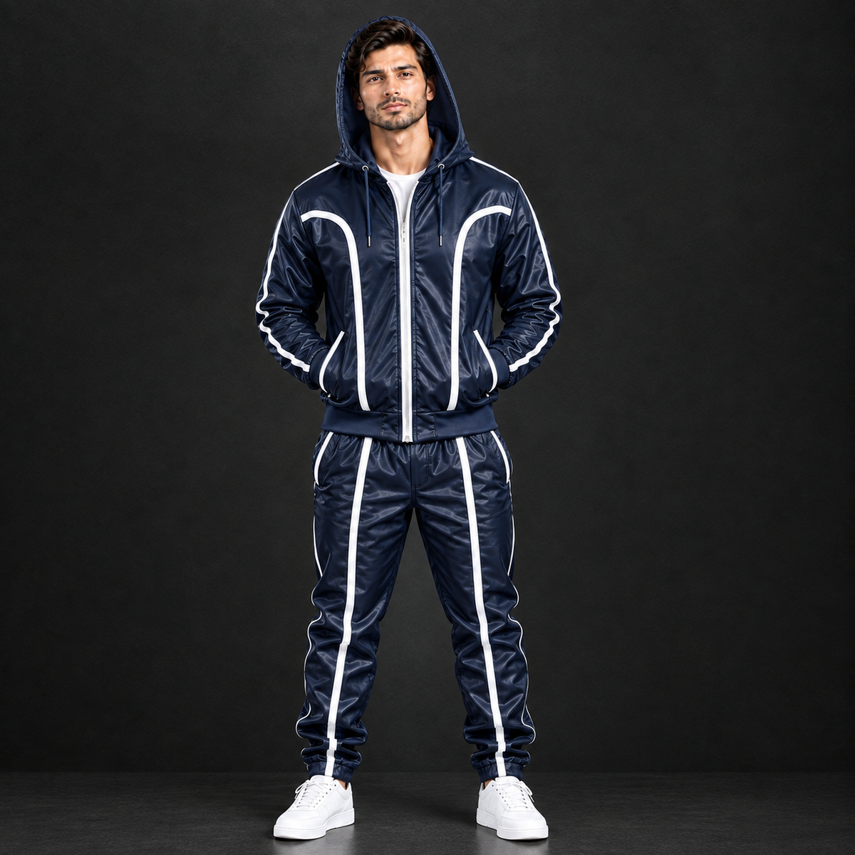 Cowhide Leather Tracksuit – Hooded Jacket & Jogger Set [Navy/White]