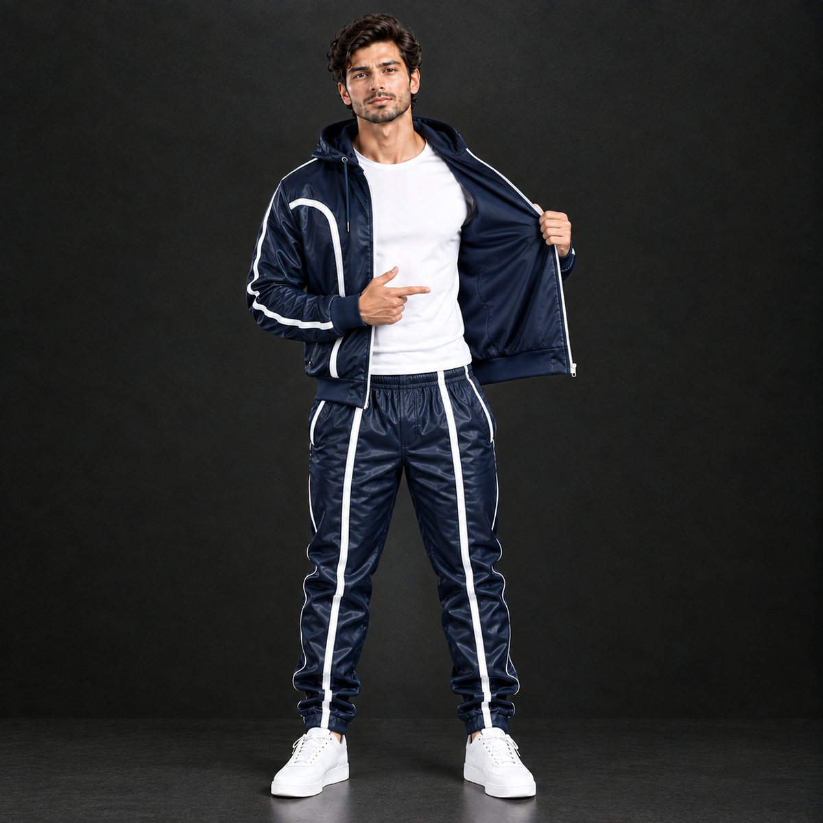 Cowhide Leather Tracksuit – Hooded Jacket & Jogger Set [Navy/White]