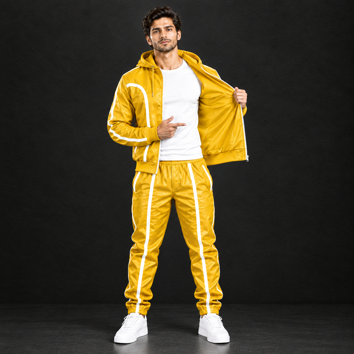 Cowhide Leather Tracksuit – Hooded Jacket & Jogger Set [Yellow/White]