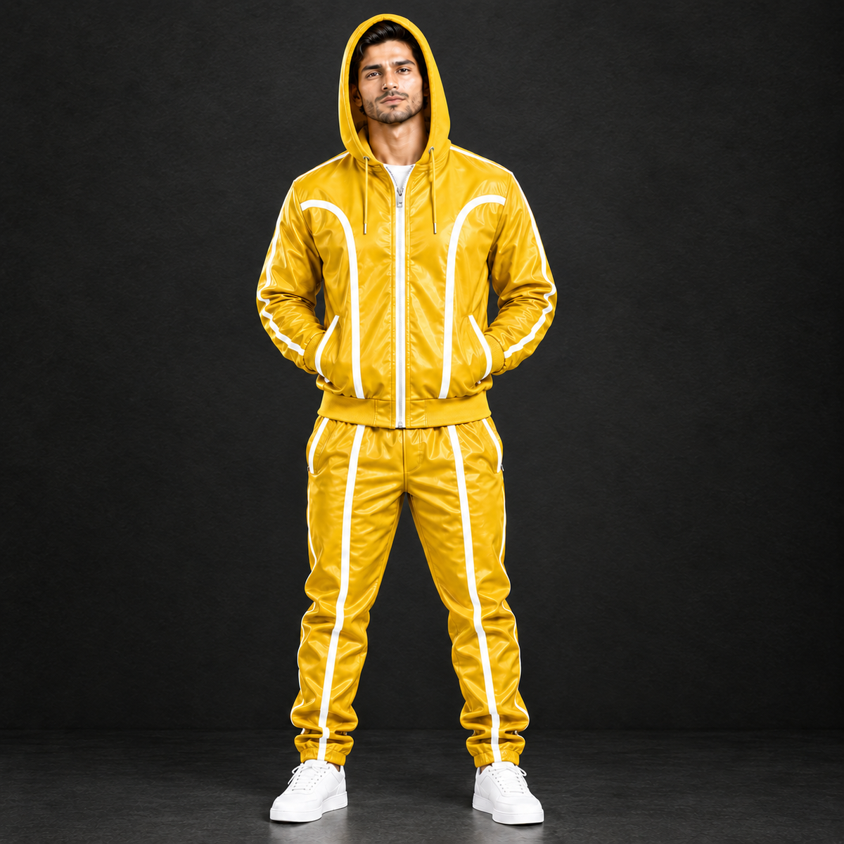 Cowhide Leather Tracksuit – Hooded Jacket & Jogger Set [Yellow/White]